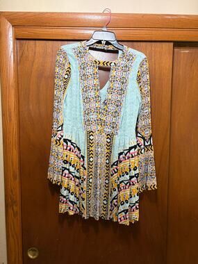 Free People Boho Printed Tunic Top Women's Long Sleeve Mini Dress Bohemian 4